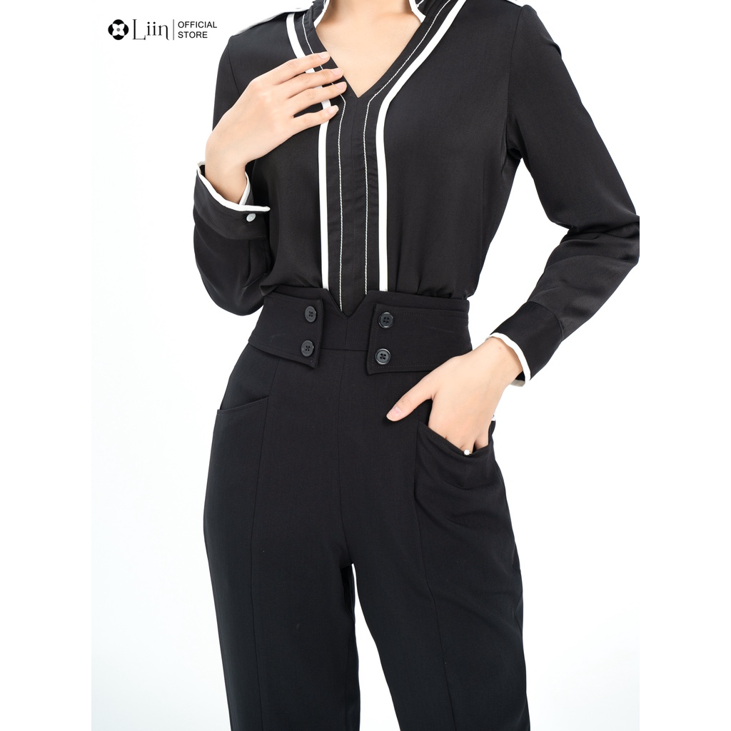 Áo sơ mi nữ Linbi thiết kế form công sở dài tay, cổ tàu, kết hợp trần chỉ thanh lịch liin clothing SM3565