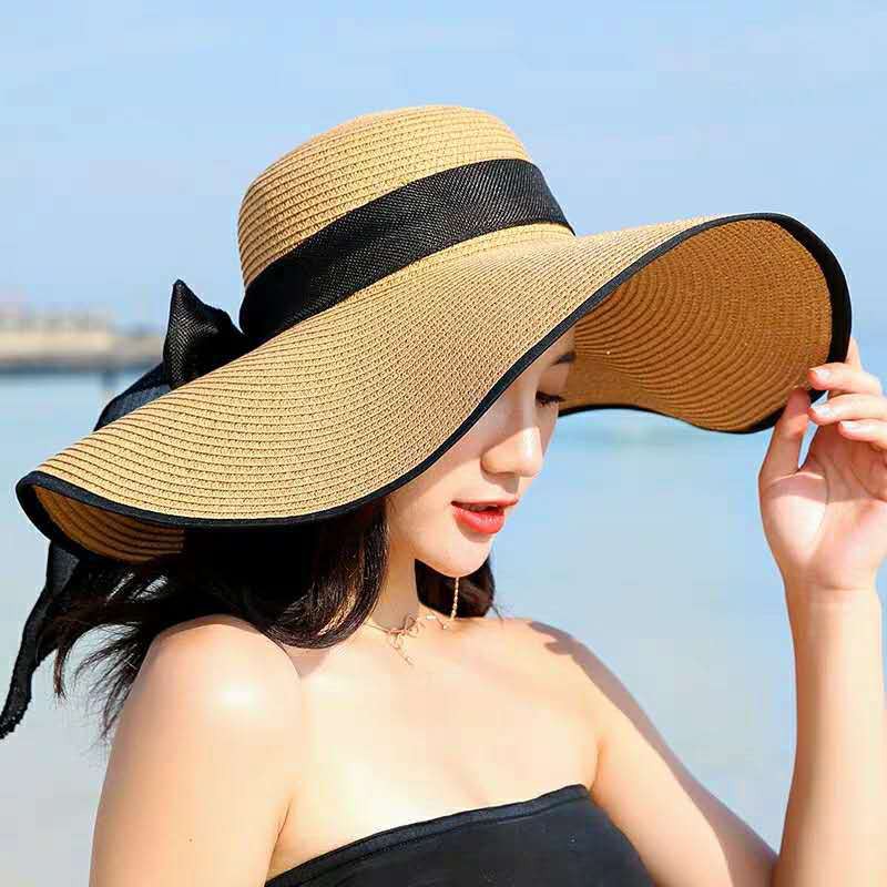Mũ nón cói vành rộng viền đen nơ vải