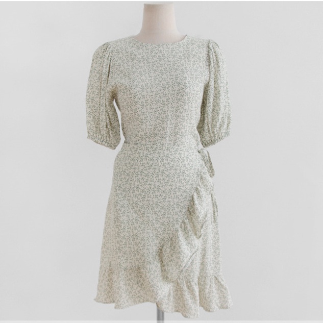 SUXI Đầm Tay Ngắn Cổ Tròn Hoạ Tiết Hoa Phong Cách Hàn Quốc