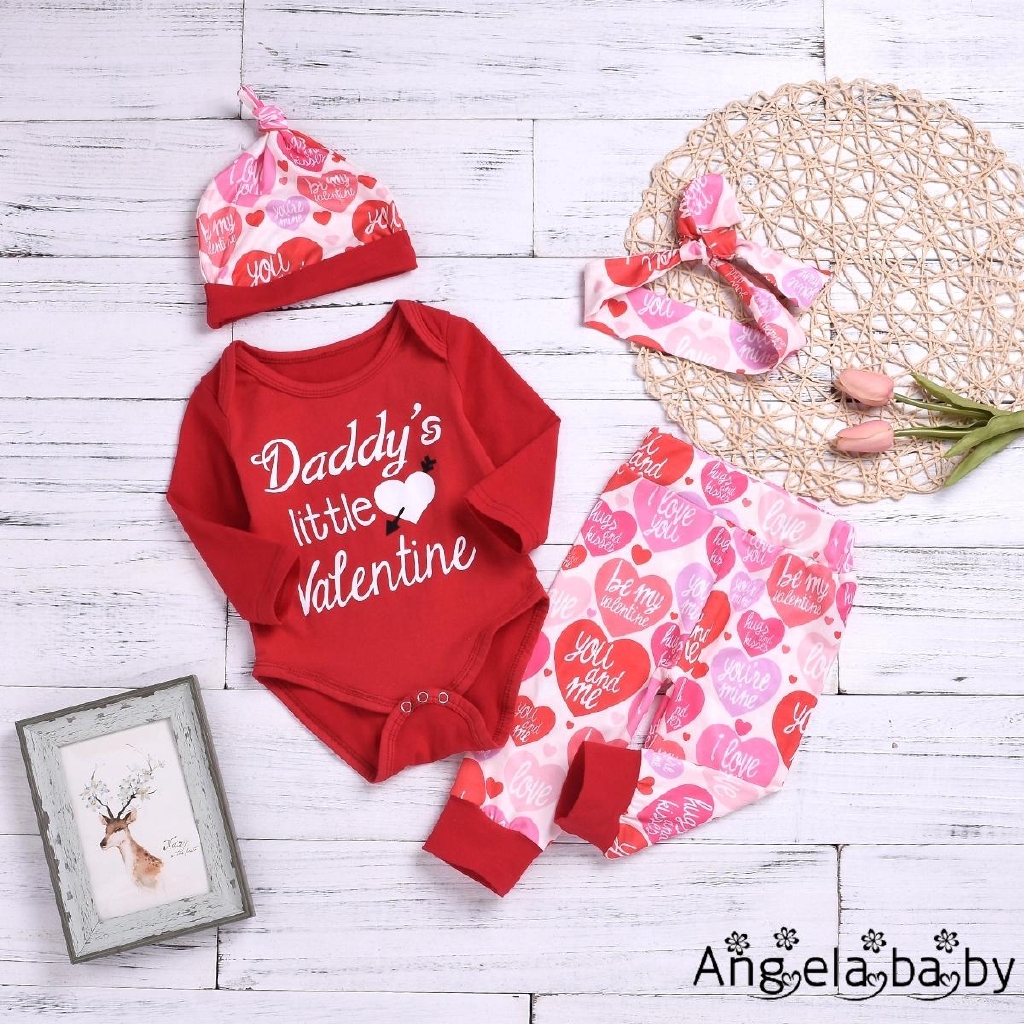 Nhv-baby Girls Daddy 's Little Valentine Áo Liền Quần + Quần Mũ 4 Bộ Trang Phục