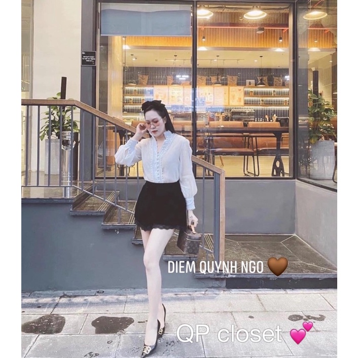 Quần short nhung phối ren