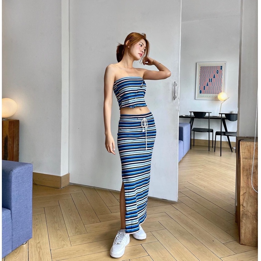 -70% Good Letter H - Set Áo Ống Nữ Nút Cài Chéo Và Chân Váy Maxi Xẻ Tà - Striped Set Tube Top & Skirt