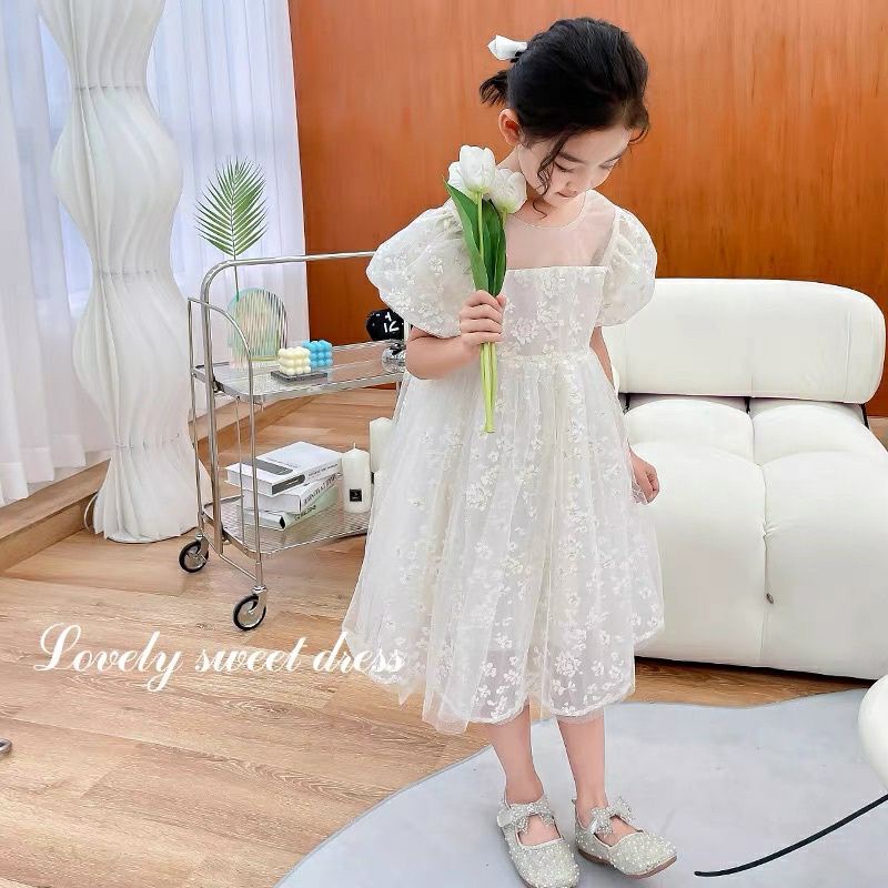 Váy ren trắng bé gái- Đầm công chúa cho bé chất ren thêu hoa mềm mại size 9 - 22ky