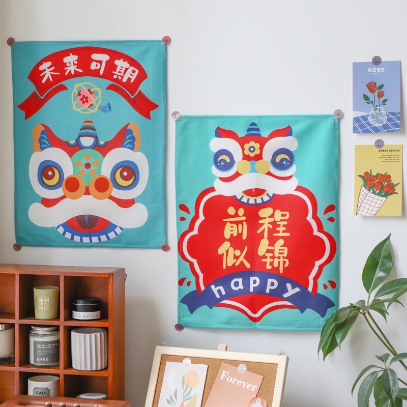 Tấm vải treo hình Lân, mèo may mắn trang trí tết size 35 x 45 cm