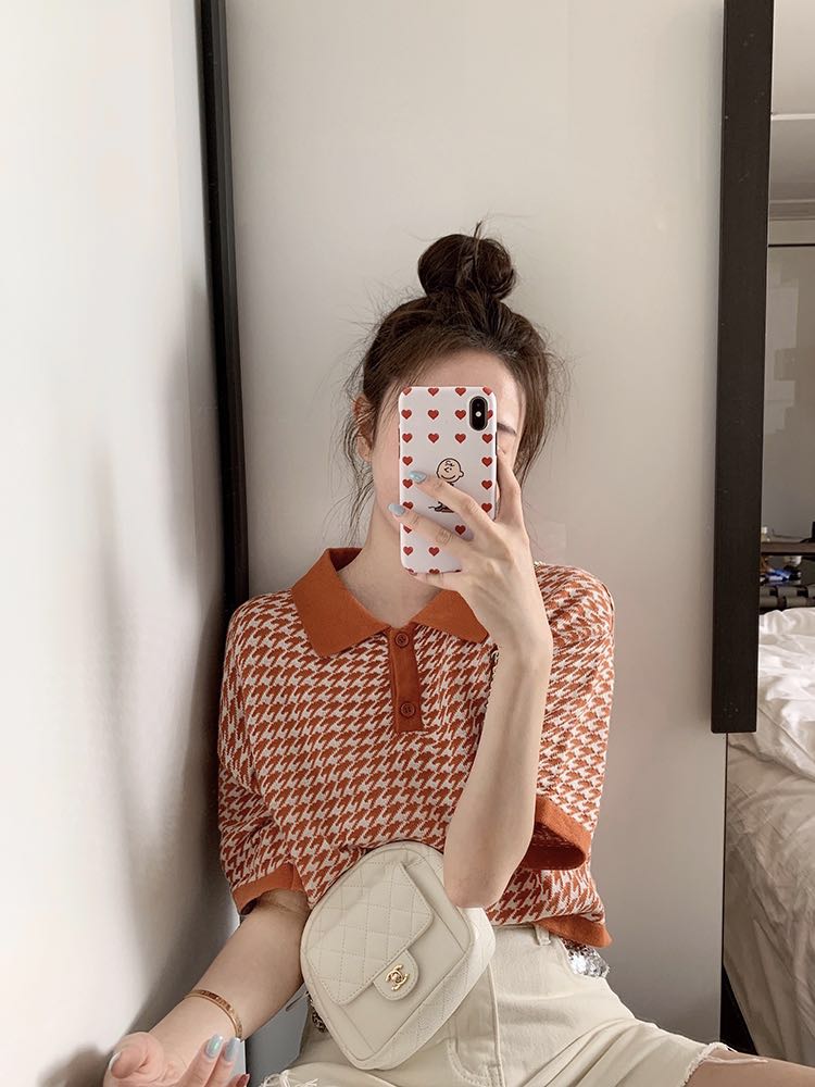 Áo thun dệt kim tay ngắn dáng rộng cổ polo họa tiết Houndstooth thiết kế trẻ trung cho nữ | BigBuy360 - bigbuy360.vn