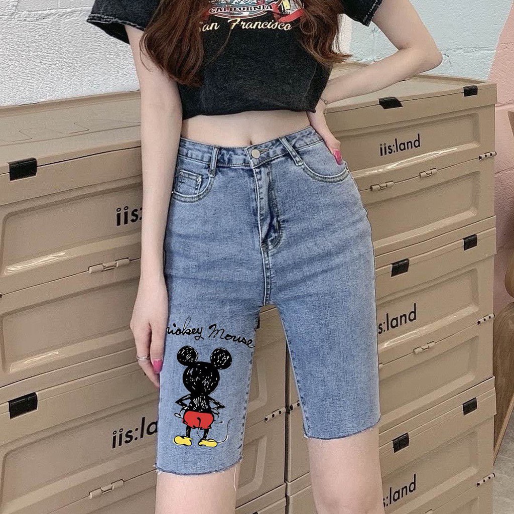 [60kg~90kg] Quần jean ngố / lửng BIGSIZE IN HINH CHUỘT ĐỎ lưng cao, co dãn mạnh rách kiểu đẹp 3459 moliruan