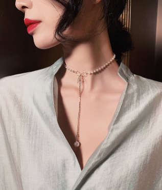 ✿-LZZ-✿-Clavicle Necklace Pearl Rhinestone Adjustable Bow Elegant Noble Fashionable Joker Woman Jewelry Pendant Necklace