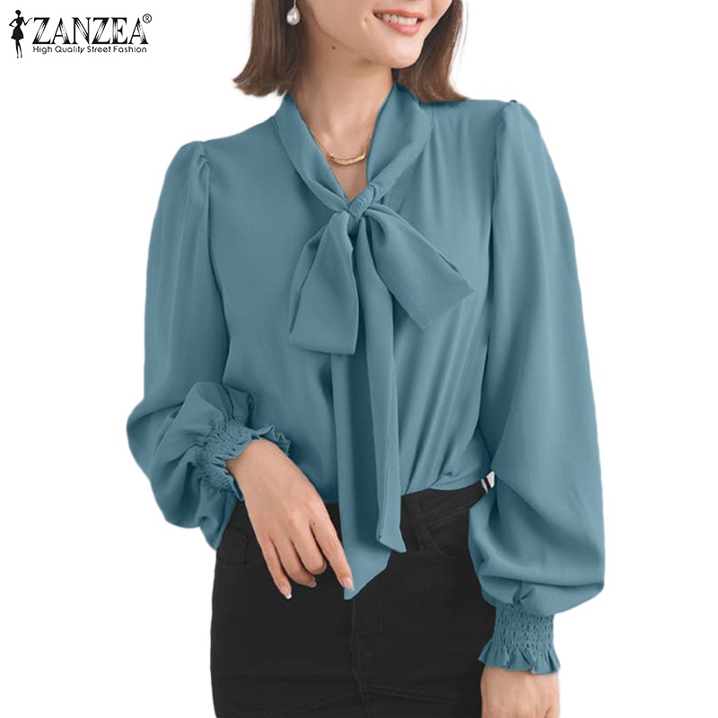 Áo ZANZEA tay dài cổ buộc nơ màu trơn phong cách Hàn Quốc thanh lịch dành cho nữ