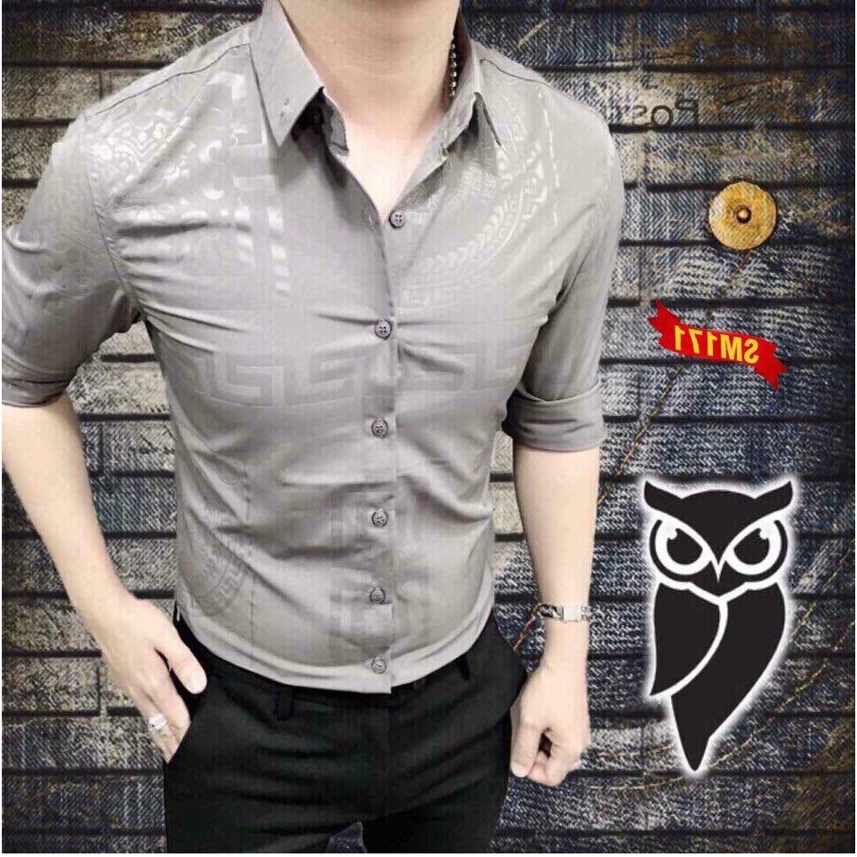 áo sơ mi nam tay dai. Sơ Mi Nam hàn quốc xam hoa văn chìm