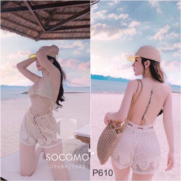 Set biển xinh xinh - áo bra đan móc kiểu tam giác yếm + quần sooc ren dây da ( có tách rời )