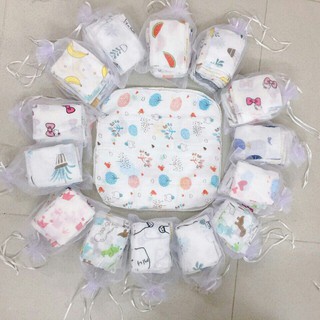 Set quà túi lưới 10 khăn sữa tre aden 2 lớp 32x32cm in hình loại mượt mềm