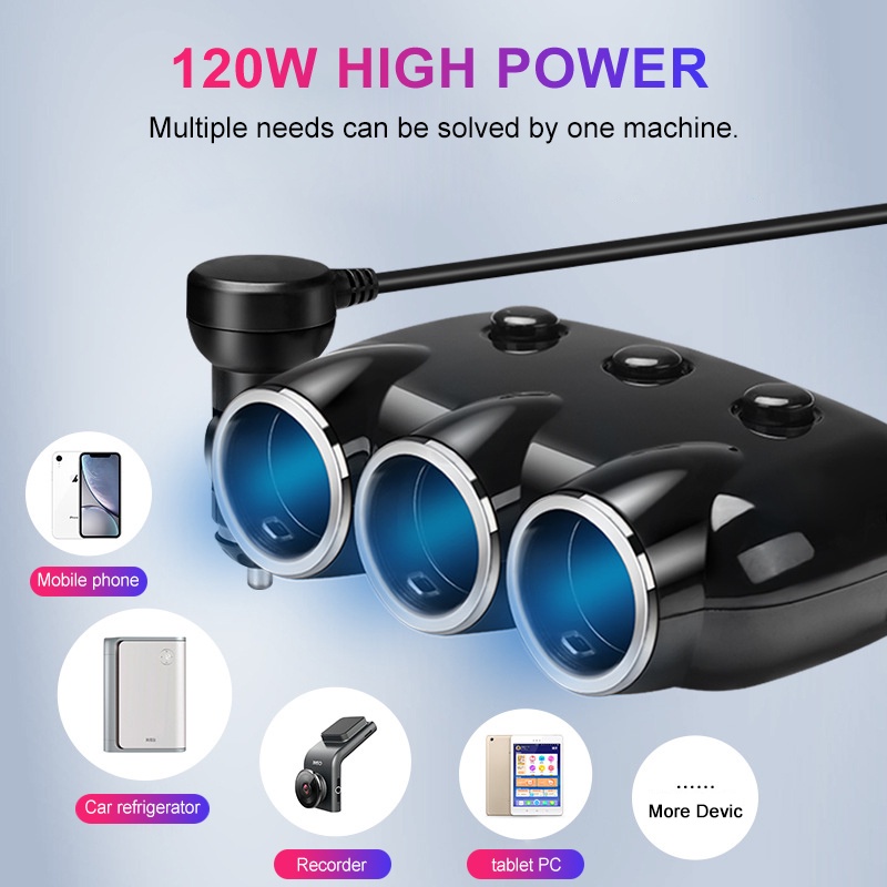Tẩu sạc PECHAM 3 cổng với 2 cổng USB 12V 24V 120W có đèn LED cho xe hơi