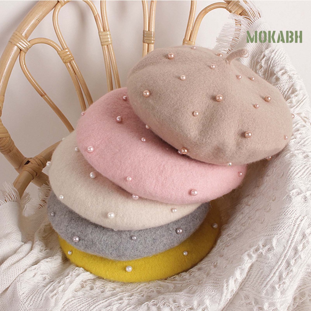 Mũ Beret Đính Ngọc Trai Giả Màu Sắc Trơn Ấm Áp Thời Trang Cho Bé Gái