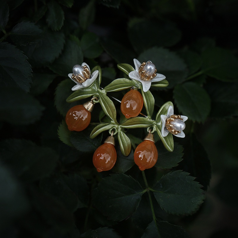 Ghim Cài Áo Hình Cây Lá Đính Ngọc Trai Nhân Tạo Màu Cam Phong Cách Mori Cổ Điển Sang Trọng Thời Trang Cho Nữ