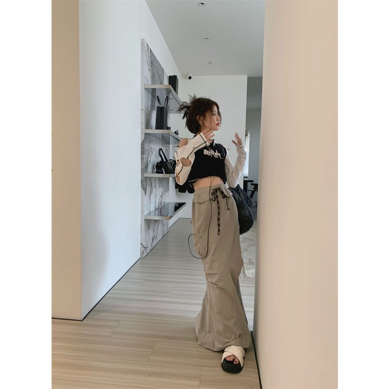 Áo Thun Trễ Vai Tay Dài Màu Đen Phong Cách Retro Mỹ Thời Trang Mùa Thu Quyến Rũ Cho Nữ