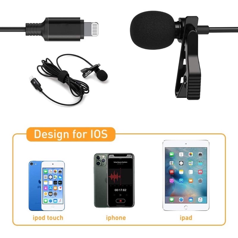 Micro thu âm, mic ghi âm kẹp cổ áo dành cho iphone, ipad có chân Lightning giúp livestream, quay video tiếng rõ ràng hơn