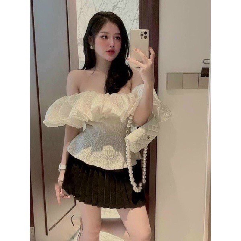 Áo trễ vai nữ gấm tiểu thử⚡️Áo kiểu bẹt vai xinh xắn