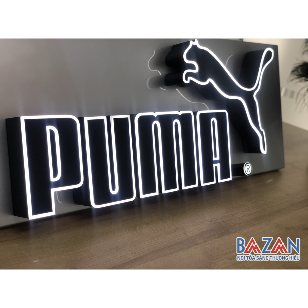 Logo Puma - Chữ nổi quảng cáo inox uốn ngược, mặt mica dán decal lưới