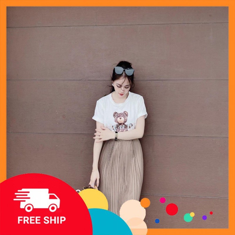 Sét Áo Phông Gấu Thụng Fendy Mix Chân Váy Dập Ly Dài   [ 𝐅𝐑𝐄𝐄 𝐒𝐇𝐈𝐏 ]  Chất Cotton Tàu Mịn 4c Cv Lụa hàn Hàng