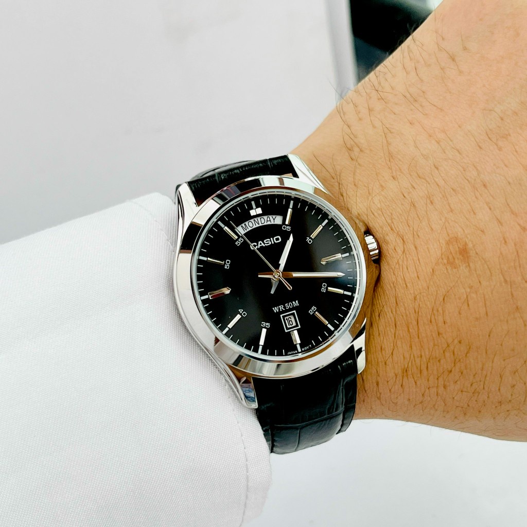 Đồng hồ nam tay nhỏ Casio MTP 1370L Dây da mặt Đen - Trắng chống nước 5ATM Bảo hành 1 năm Hyma watch