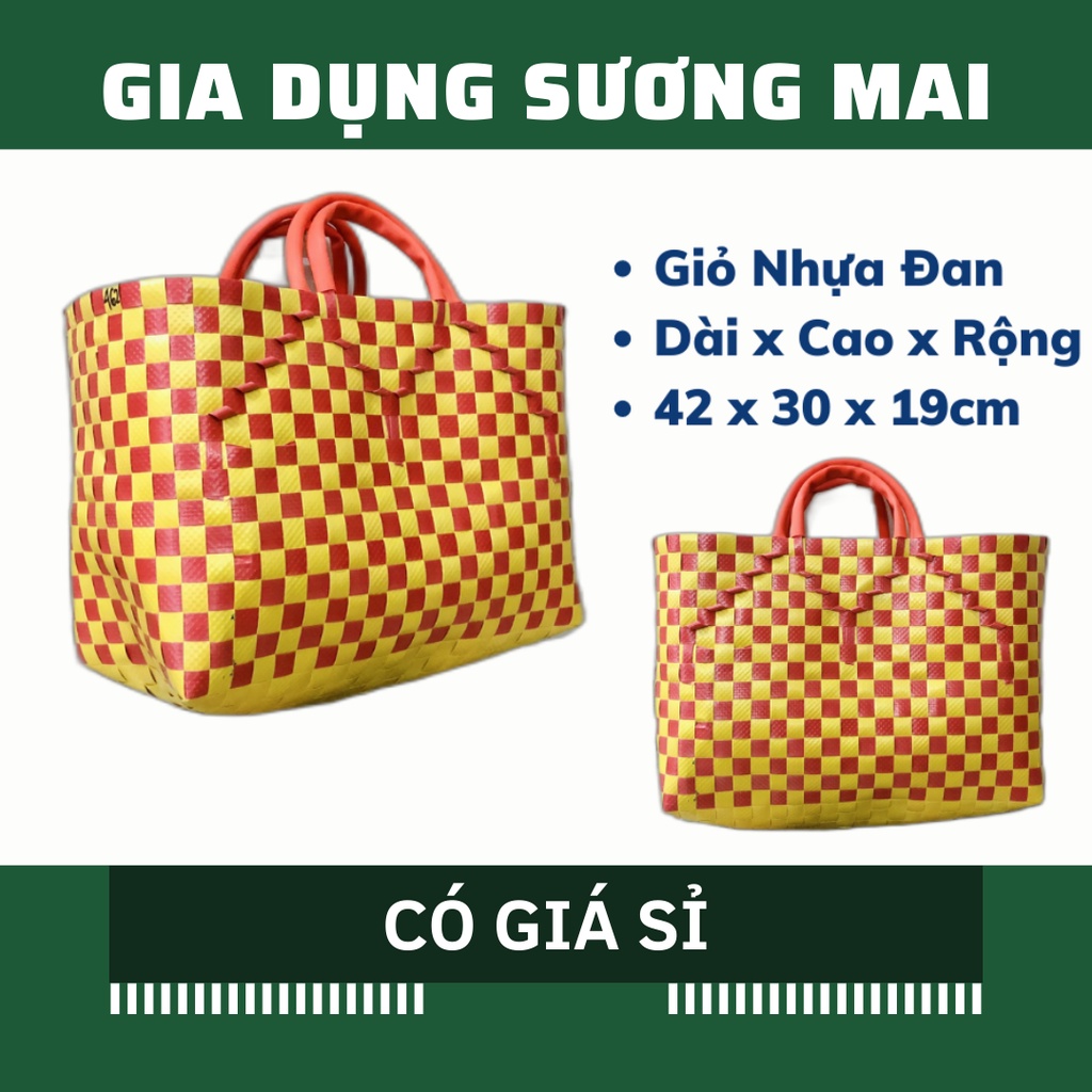 [Giá Sỉ] Giỏ Nhựa Đan 12, Làn Đan Dây Nhựa Rẻ, 4 quai xách Giỏ Đựng Đồ Thủ Công [ Giỏ Đan 12 ]