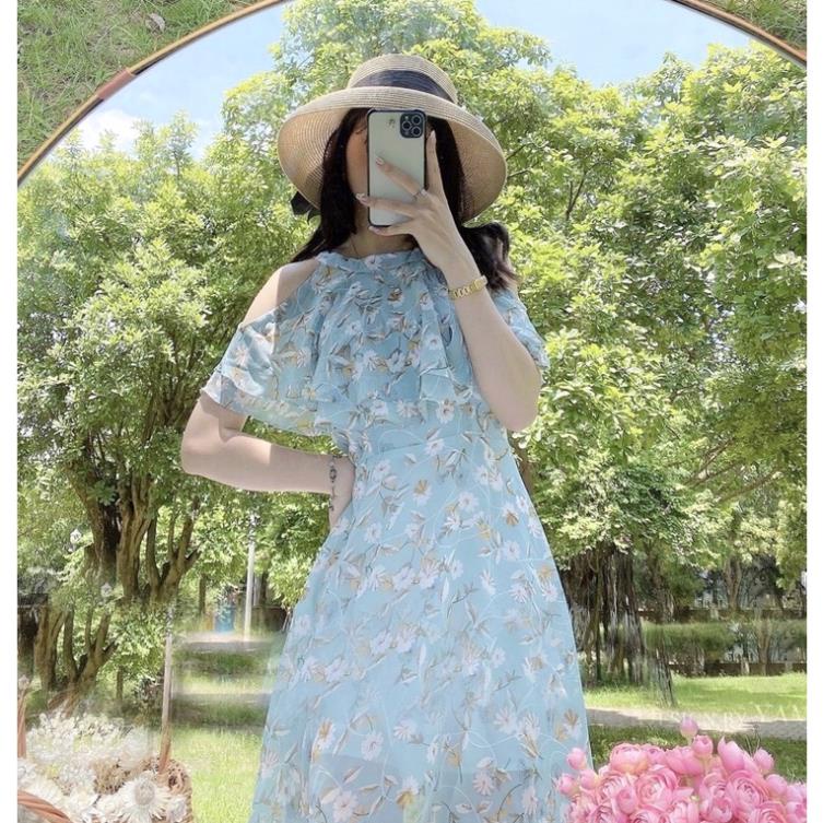 Váy Nữ Hoa Nhí Xanh Ngọc Khoét Vai,Đầm Nữ, Đi Biển, Đi Chơi Chất Liệu Voan Lụa Váy 2 Lớp LINSTORE Thiết Kế 98.Studio