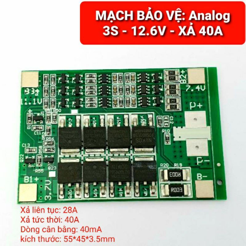 Achun.vn - MẠCH BẢO VỆ PIN 3S-12.6V  XẢ 40A/50A/65A CÓ NGẮT QUÁ DÒNG VÀ XẢ QUÁ MỨC