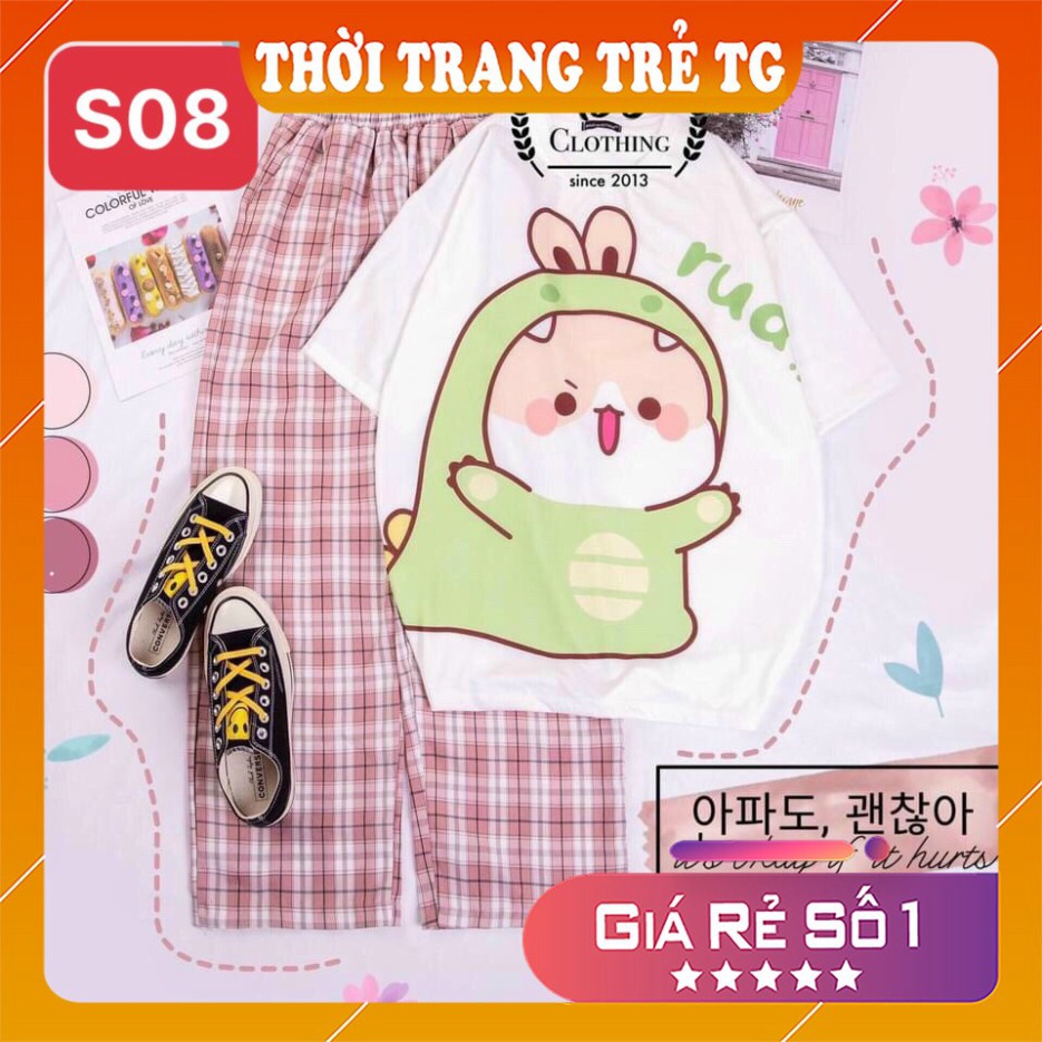 Đồ bộ nữ 𝑭𝒓𝒆𝒆𝒔𝒉𝒊𝒑 Set Đồ Bộ Quần Sọc Caro Ống Rộng S22 Hình Khủng Long Cute Freesize Form Rộng Cực Thoáng Má