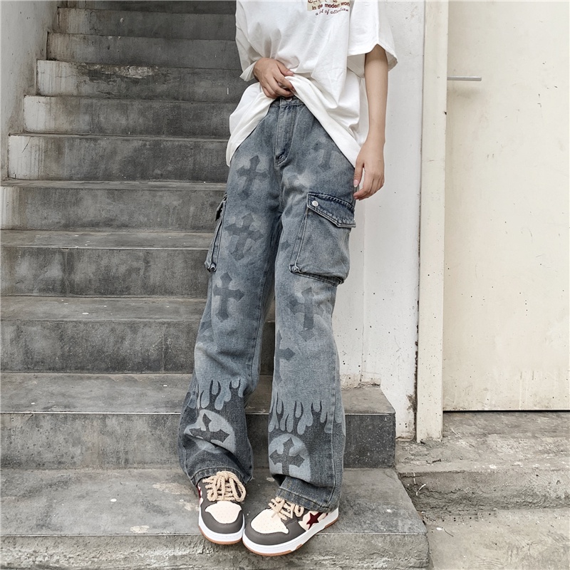 Quần jean ulzzang ống rộng nữ unisex phối túi in chữ thập, quần jean nữ ống rộng trùm chân chất bò co giãn hiphop 0419