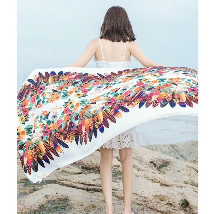 Khăn choàng cổ du lịch in hoa văn lông vũ và hoa size 90x180cm