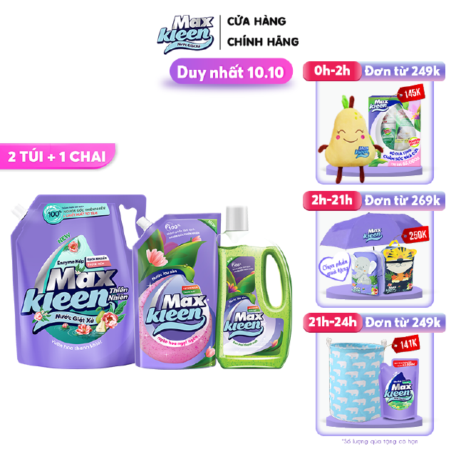  Combo MaxKleen: 1 Túi Nước Giặt 2.2kg + 1 Chai Nước Lau Sàn 1kg + 1 Túi Nước Lau Sàn 1kg