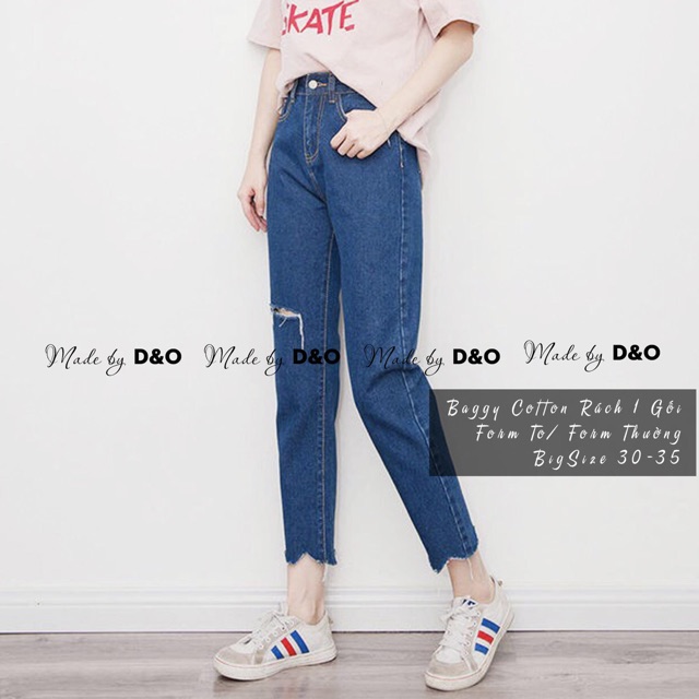 [Bigsize 30-36] Quần Baggy Jeans Bigsize, Rách 1 Gối Lai Răng Cưa, Lưng Cao Tôn Dáng, Không Giãn