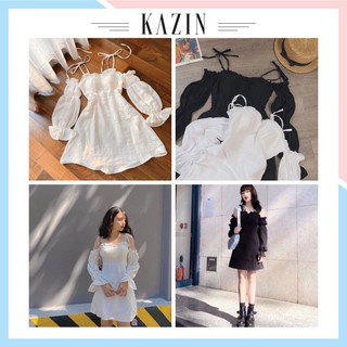 Váy Dự Tiệc Công Chúa Tay Bồng Trễ Vai, Váy Dự Tiệc Hai Dây 2 Màu Đen Trắng HD03