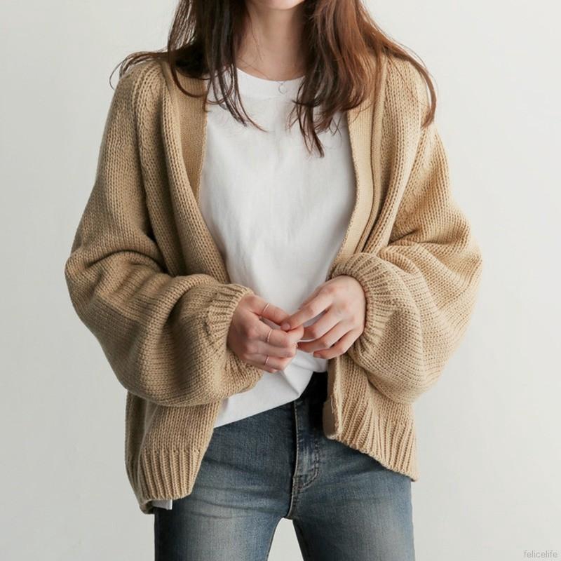 Áo khoác Cardigan dệt kim tay dài màu trơn thiết kế dáng rộng thoải mái
