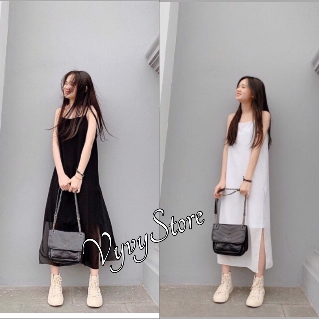 Đầm 2 Dây Nữ Voan Kèm Lót ,🌸 Vyvystore🌸, Váy Trơn Xẻ Tà Dáng Suông 2 Màu ĐEN TRẮNG