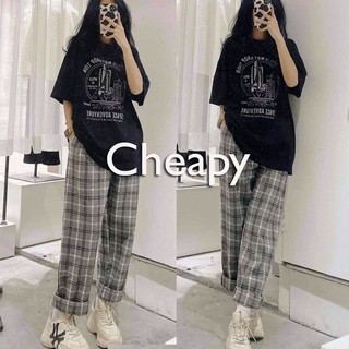 Set bộ SPACE mix quần pant kẻ ống suông - Set bồ đồ unisex áo thun mix quần kẻ freesize dáng suông cưc ngầu