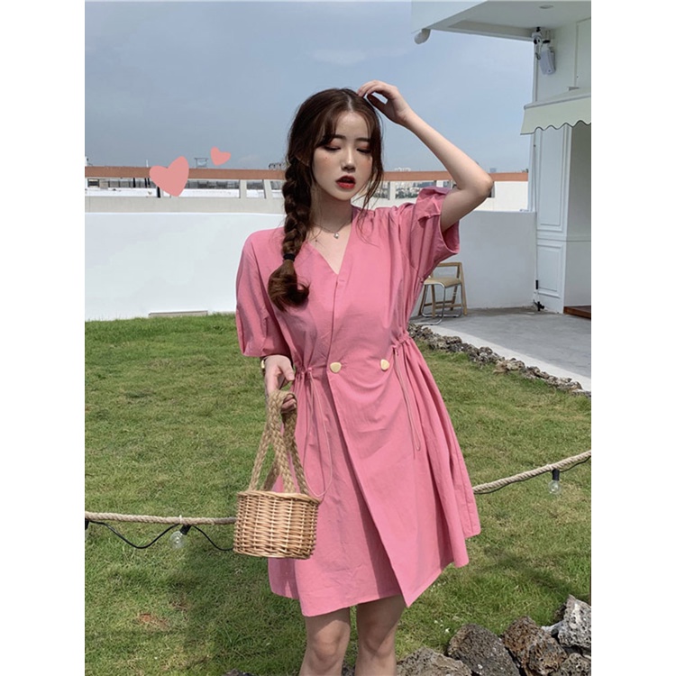 Đầm babydoll cổ V rút eo hồng Korea ulzzang - u.w