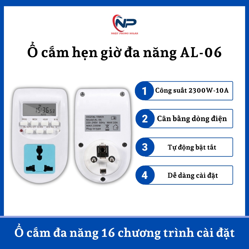 Ổ Cắm Hẹn Giờ Điện Tử SHOPNHATPHONG ổ cắm điện bật tắt tự động 16 chương trình al06, công tắc hẹn giờ, ổ cắm đa năng