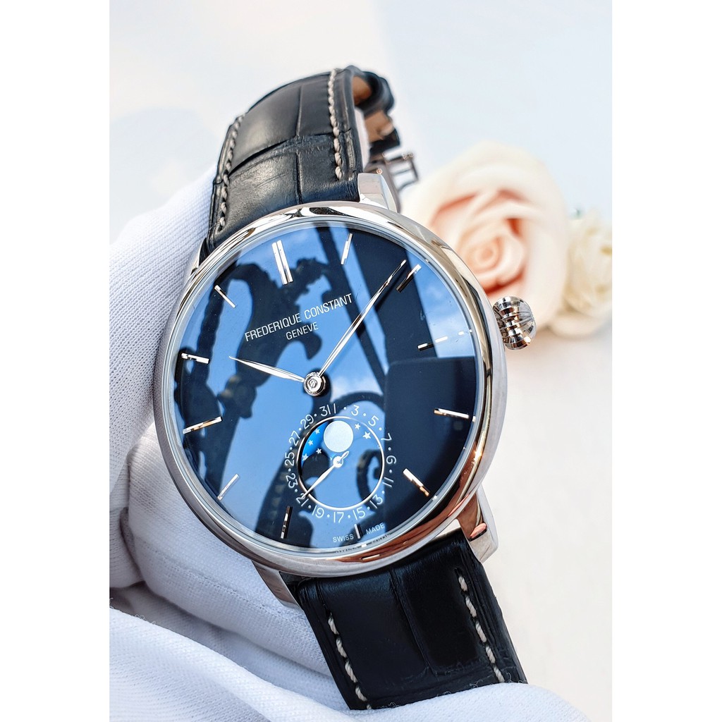 Đồng hồ nam chính hãng Frederique Constant Slimline Automatic Moonphase Blue - Máy cơ tự động - Kính Sapphire