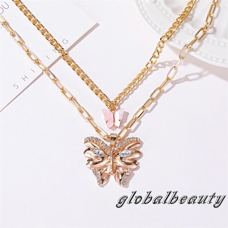 GB-Female Necklace, Adults Two-Layer Butterfly Necklace Metal Collarbone Chain for Women, Golden