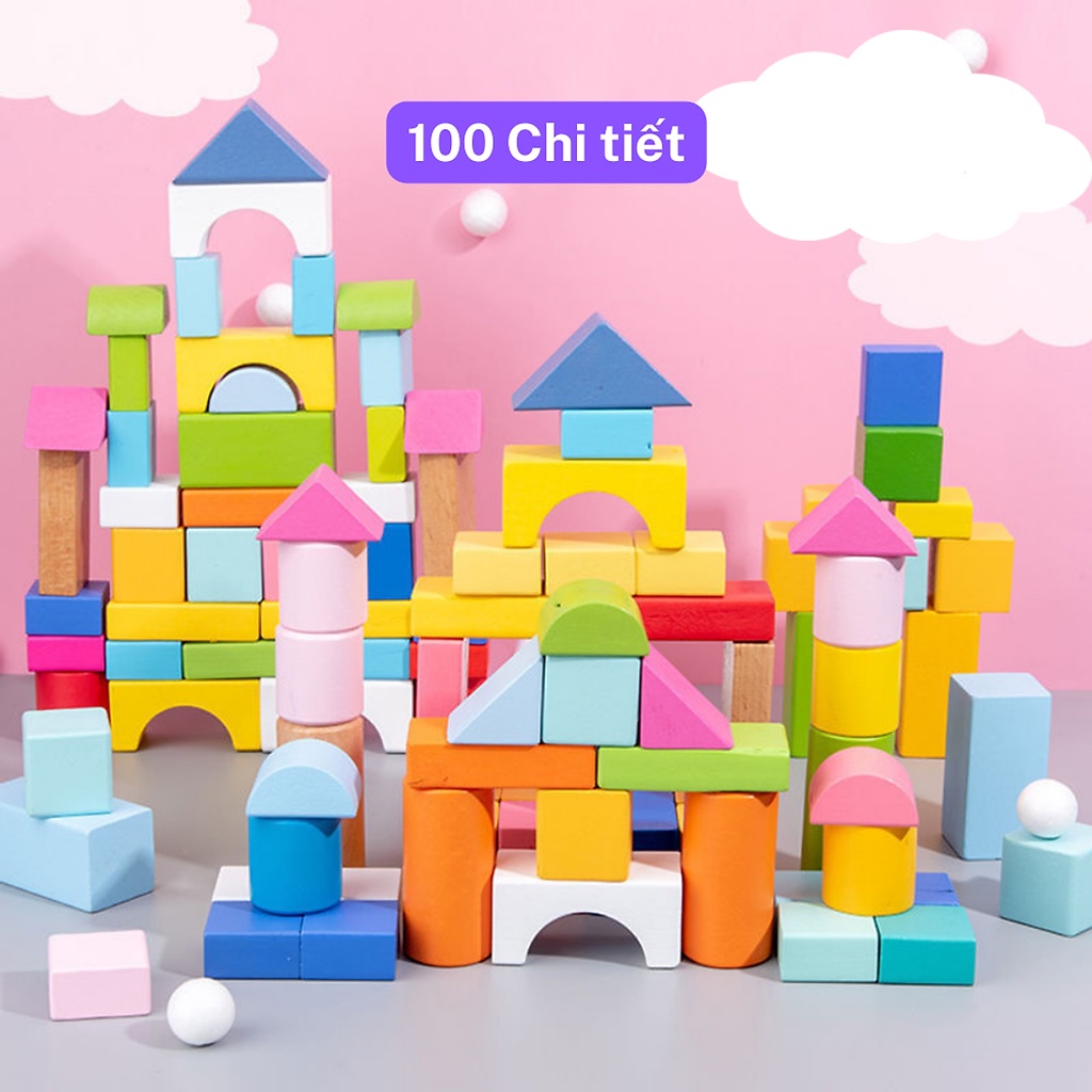 Xếp Hình Gỗ 100 Chi Tiết Hình Khối Montessori 0-5 tuổi Rèn Luyện Tay Mắt Phát Triển Tư Duy Và Vận Động Tinh