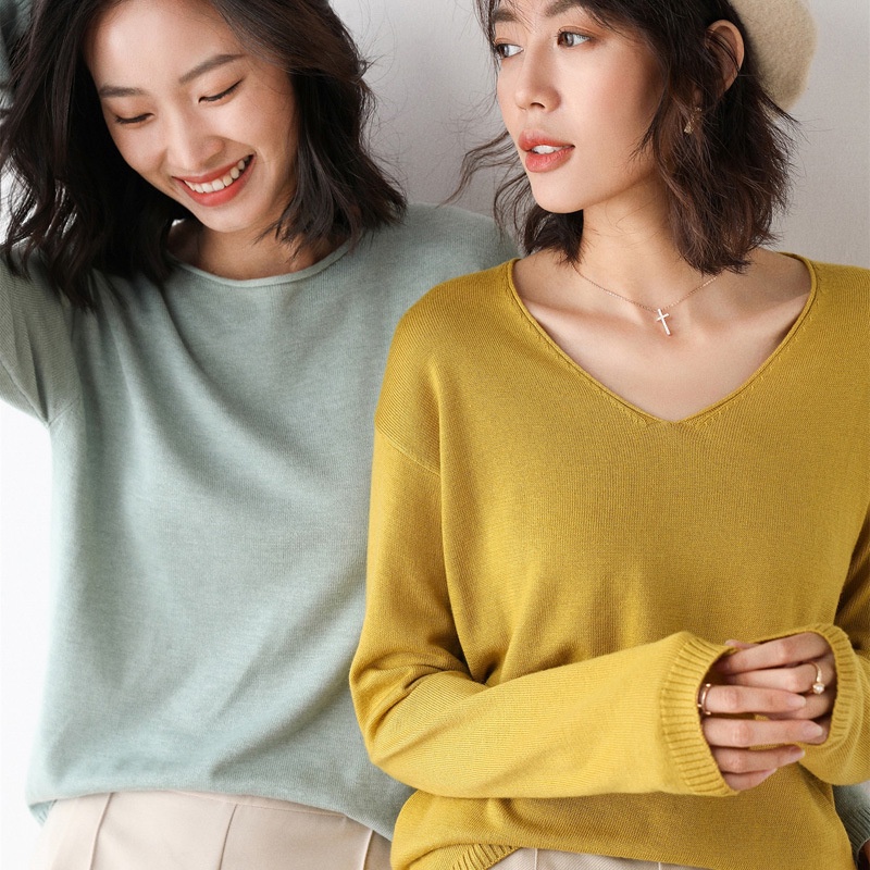 Áo len nữ dài tay cổ tròn cổ V Hàn Quốc dệt kim mỏng  hot trend thu đông 2021; A10 - MOZETO