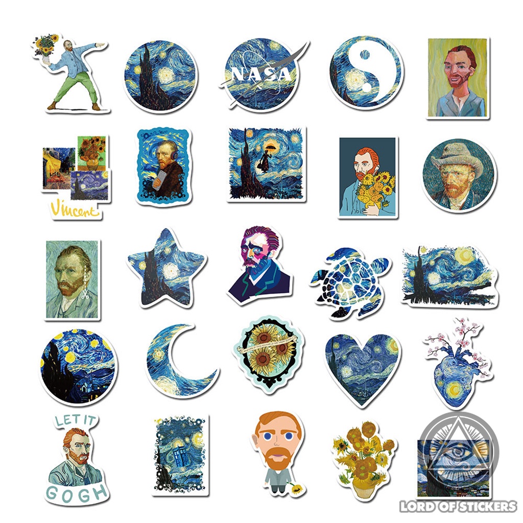 Set 40 Hình Dán Tranh Nghệ Thuật Van Gogh Sticker Chống Thấm Nước Trang Trí Mũ Bảo Hiểm, Laptop, Vali, Xe, Sổ, Ván Trượt