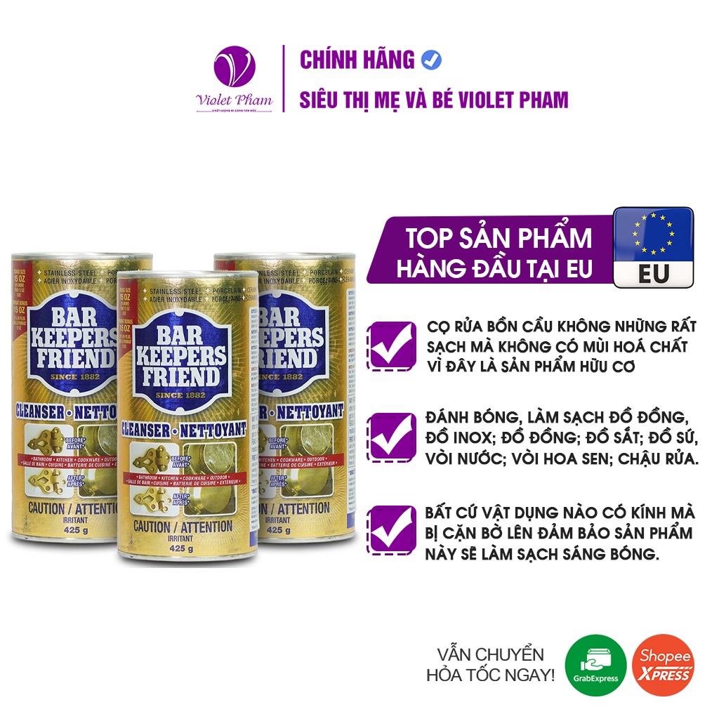 BỘT LÀM SẠCH HỮU CƠ ĐA NĂNG - BAR KEEPERS FRIEND tặng kèm 2 miếng ráp lau chùi