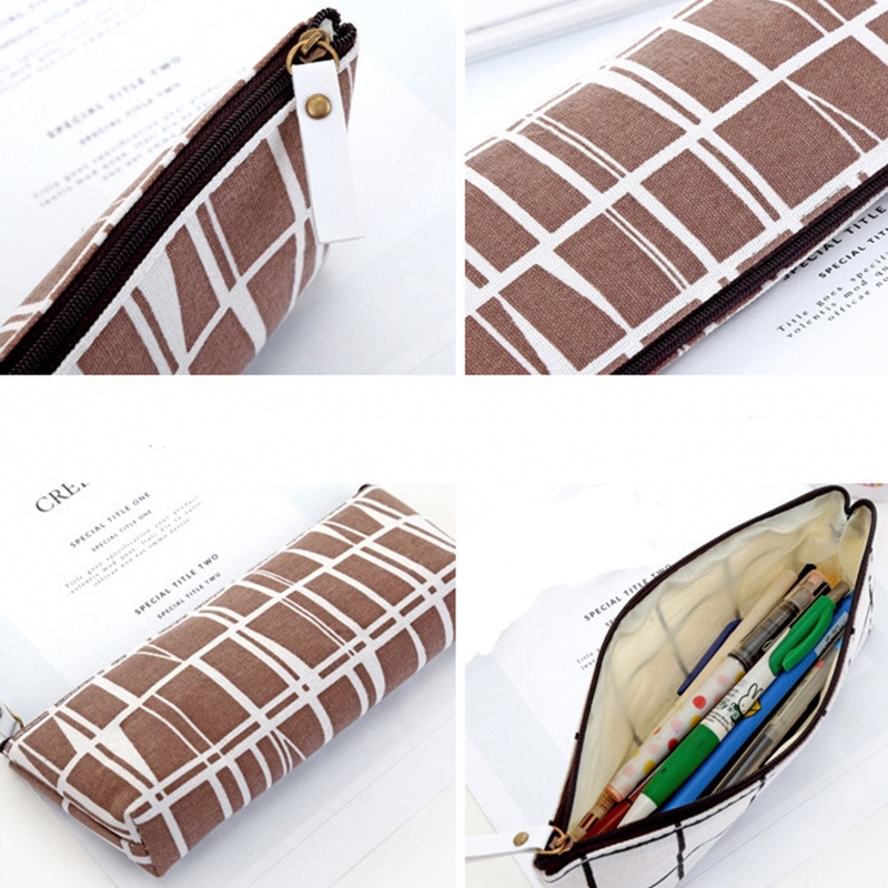 1 Túi Đựng Bút Bằng Vải Bạt Dày Kẻ Sọc Caro Có Khóa Kéo Sức Chứa Lớn Sáng Tạo