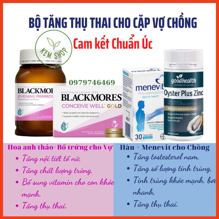 Bộ sản phẩm Tinh Chất Hàu, Menevit, Bổ trứng, Hoa anh thảo của Úc