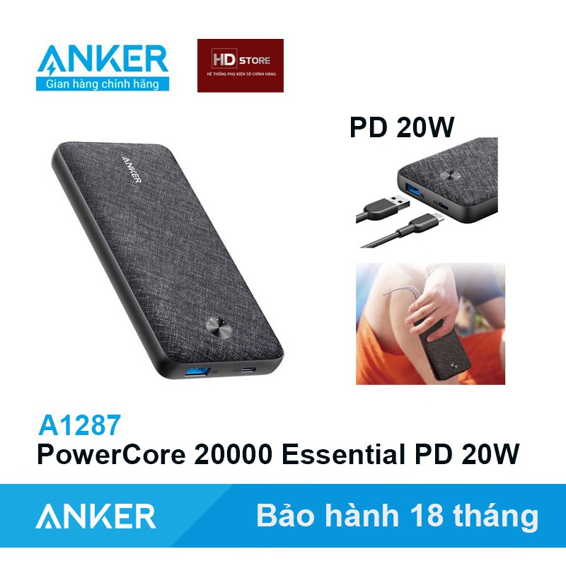 Pin dự phòng Anker 20000mAh Sạc nhanh 20W - A1287 Essential Metro Iphone 11 12 13 Pro Max  Chính hãng
