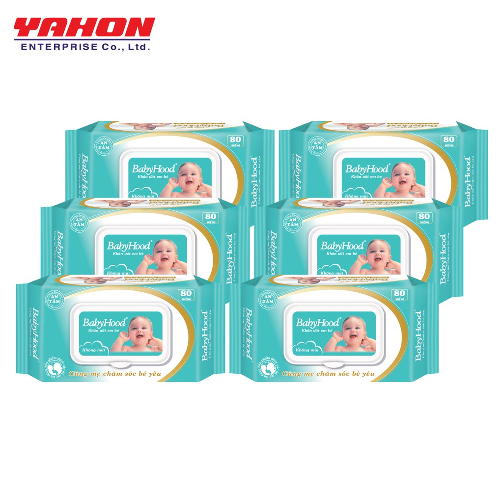 Combo 6 Gói Khăn Ướt Em Bé BabyHood Không Mùi/ Hương Phấn 80 Tờ (80 Tờ x 6)