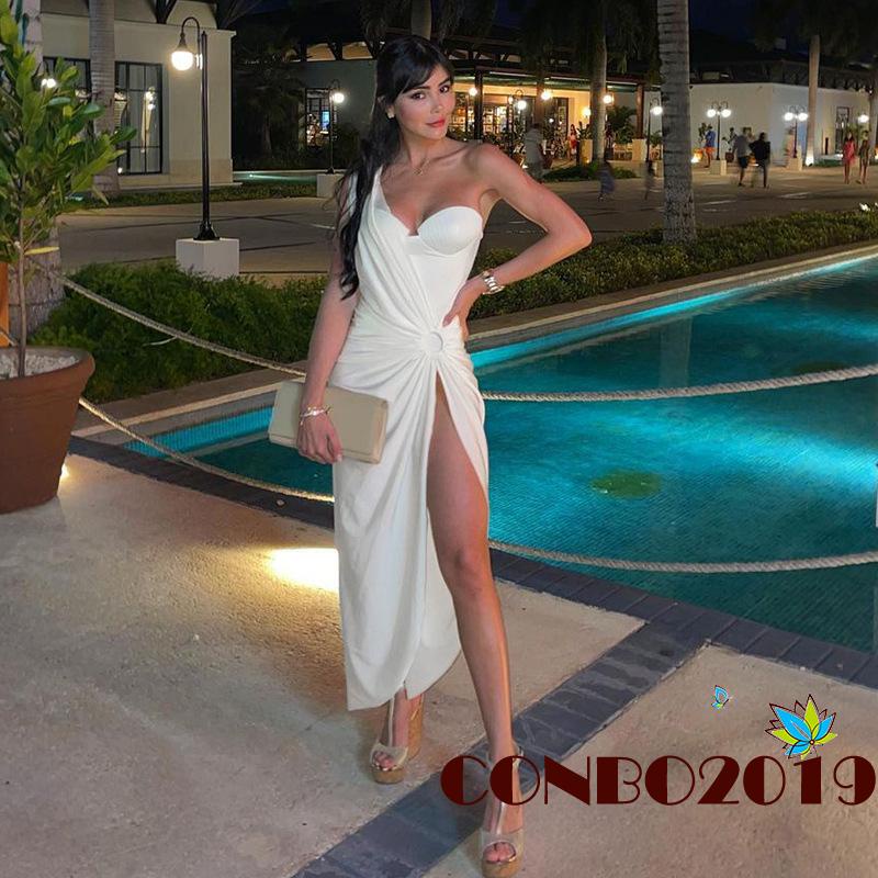 HGM-Women Party Dress, Sleeveless One-shoulder Hollowed Slit Cocktail Beach Long Dress