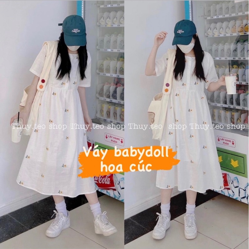Váy babydoll hoa cúc nền trắng thô xước - đầm nữ babydoll xinh nắn có dây buộc eo